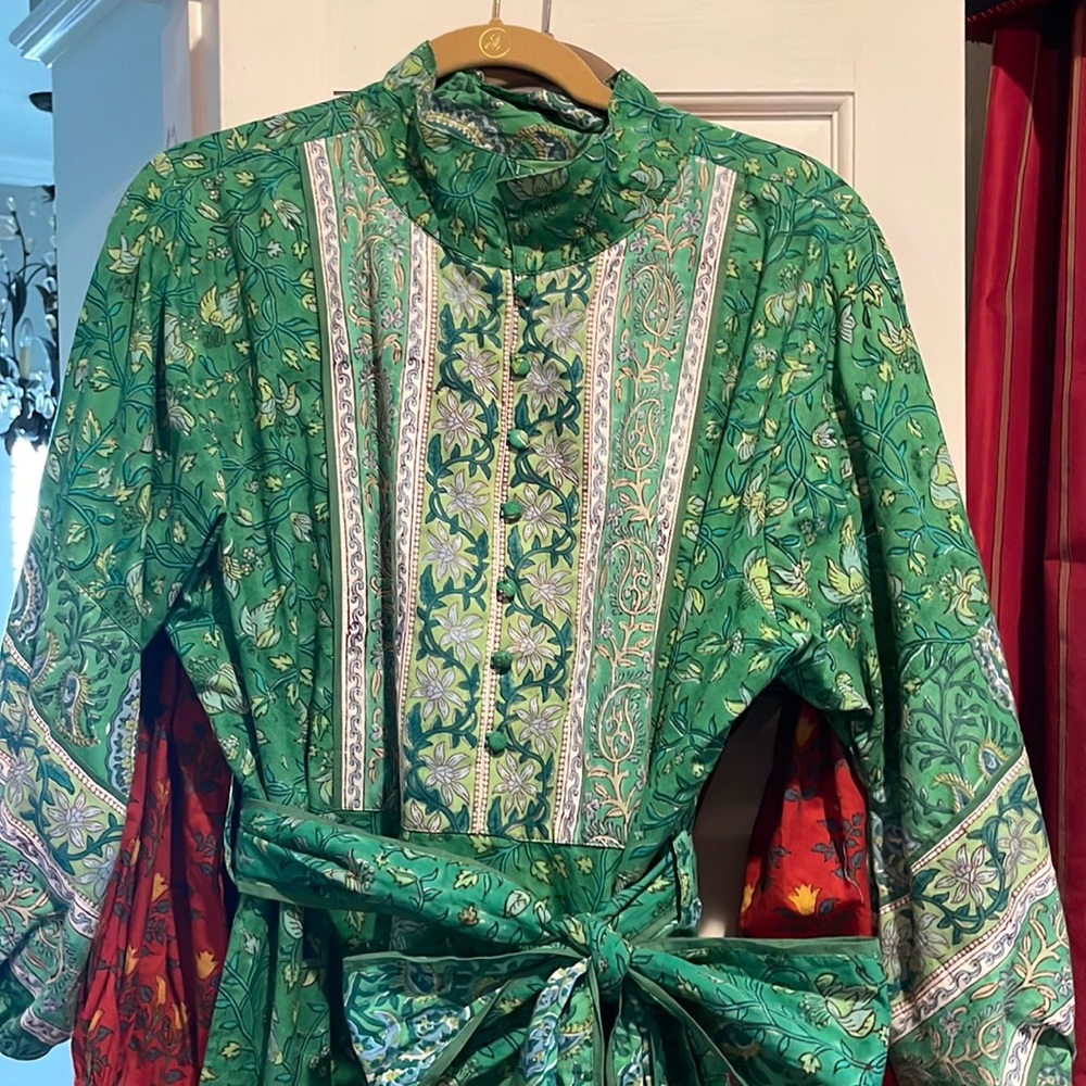 Sue Sartor mandarin color flounce dress Size XL. Green